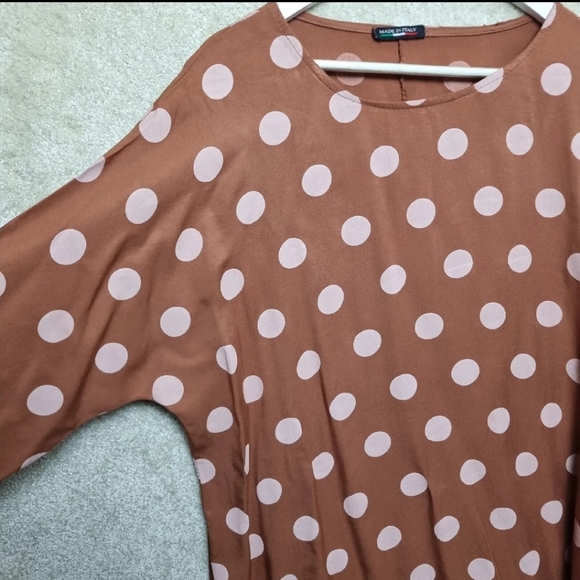 Made In Italy Top Lagenlook One Size Brown Pink Polka Dot Short Sleeve Oversized - Picture 3 of 8